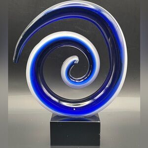 Modern Blue Art Glass Spiral Sculpture on Lucite Base | Contemporary Decor